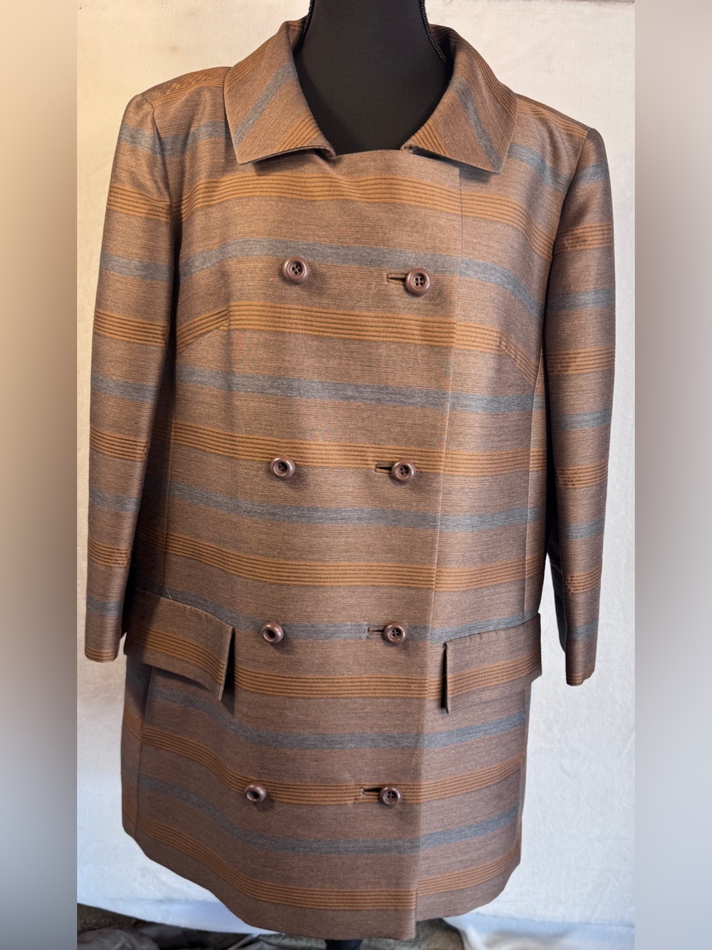 Vintage Betty Brent Coat Sz 14 Brown Gray Striped 3/4 Sleeve ILGWU Union Label